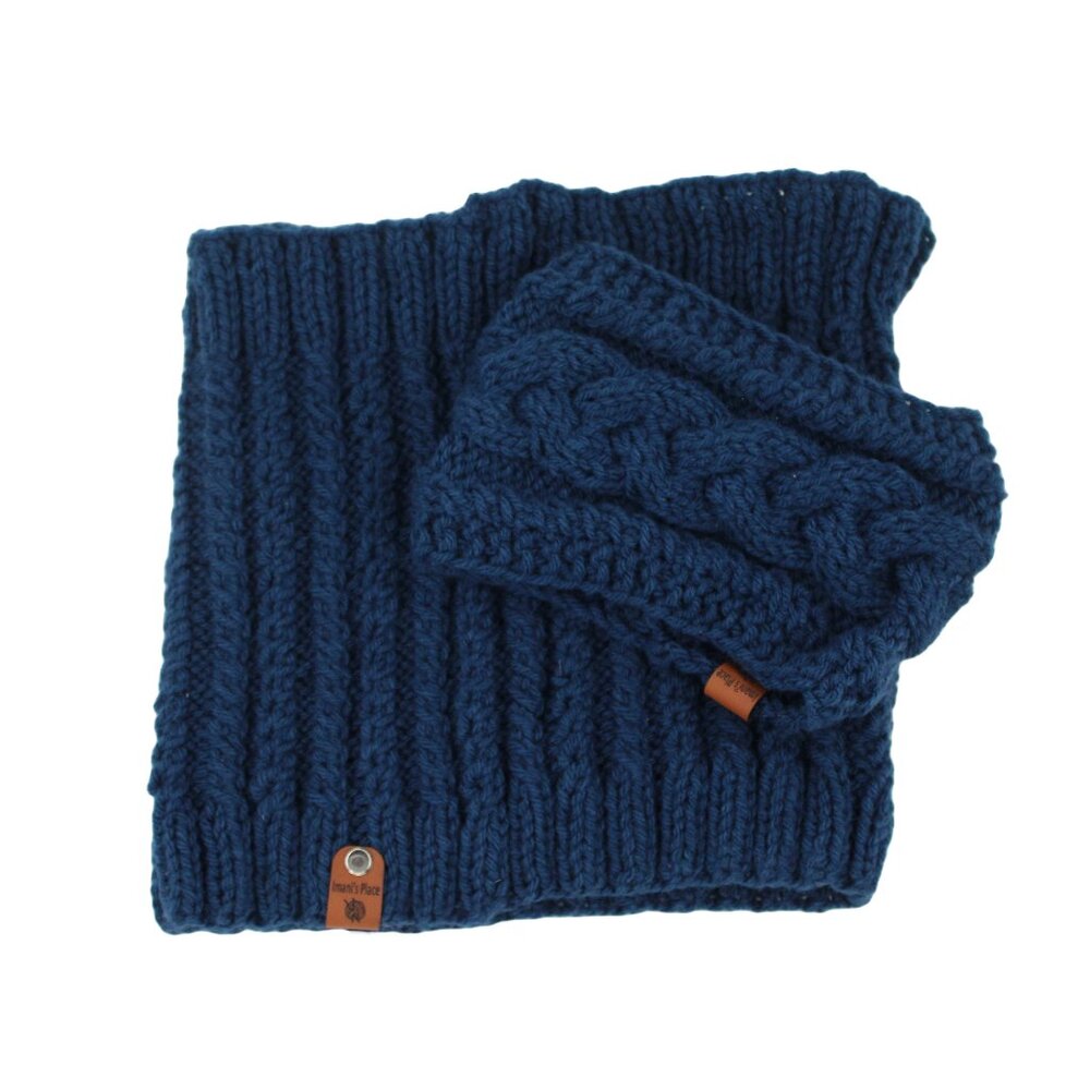 Handmade Hand Knit Dark Blue Acrylic Wool Blend Cabled Cowl and Ear Warmer Set